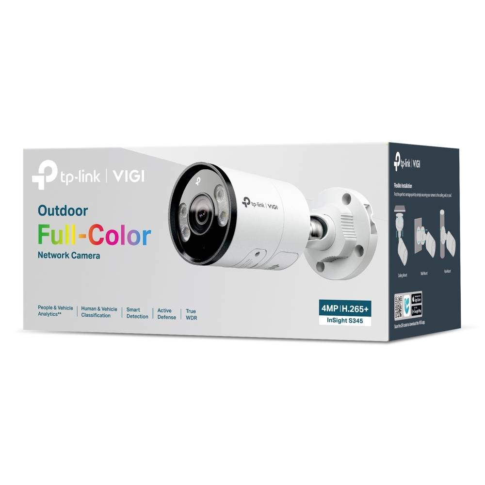 TP-Link VIGI Buitendoos met volkleurige netwerk camera met witte 4MP H.265+ kogelvormige camera en productkenmerken.