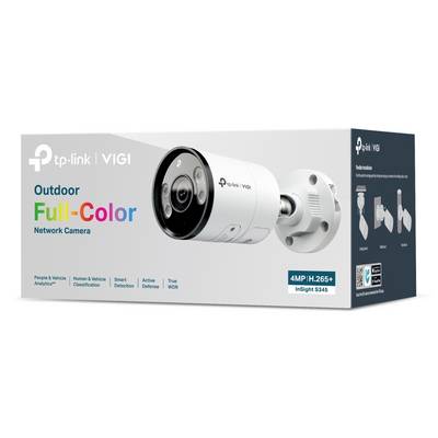 TP-Link VIGI Buitendoos met volkleurige netwerk camera met witte 4MP H.265+ kogelvormige camera en productkenmerken.