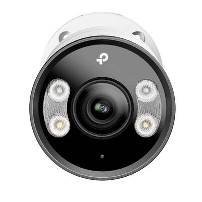 Vooraanzicht van een zwarte TP-Link beveiligingscamera met centraal lens en vier infrarode LED's op een witte achtergrond.