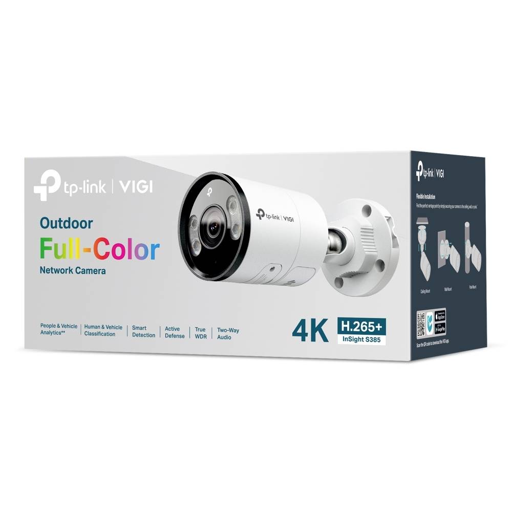 Doosverpakking voor een TP-Link VIGI Outdoor Full-Color 4K netwerkcamera, met de witte kogelcamera en productkenmerken.