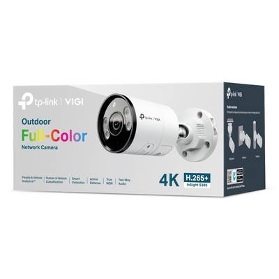 Doosverpakking voor een TP-Link VIGI Outdoor Full-Color 4K netwerkcamera, met de witte kogelcamera en productkenmerken.