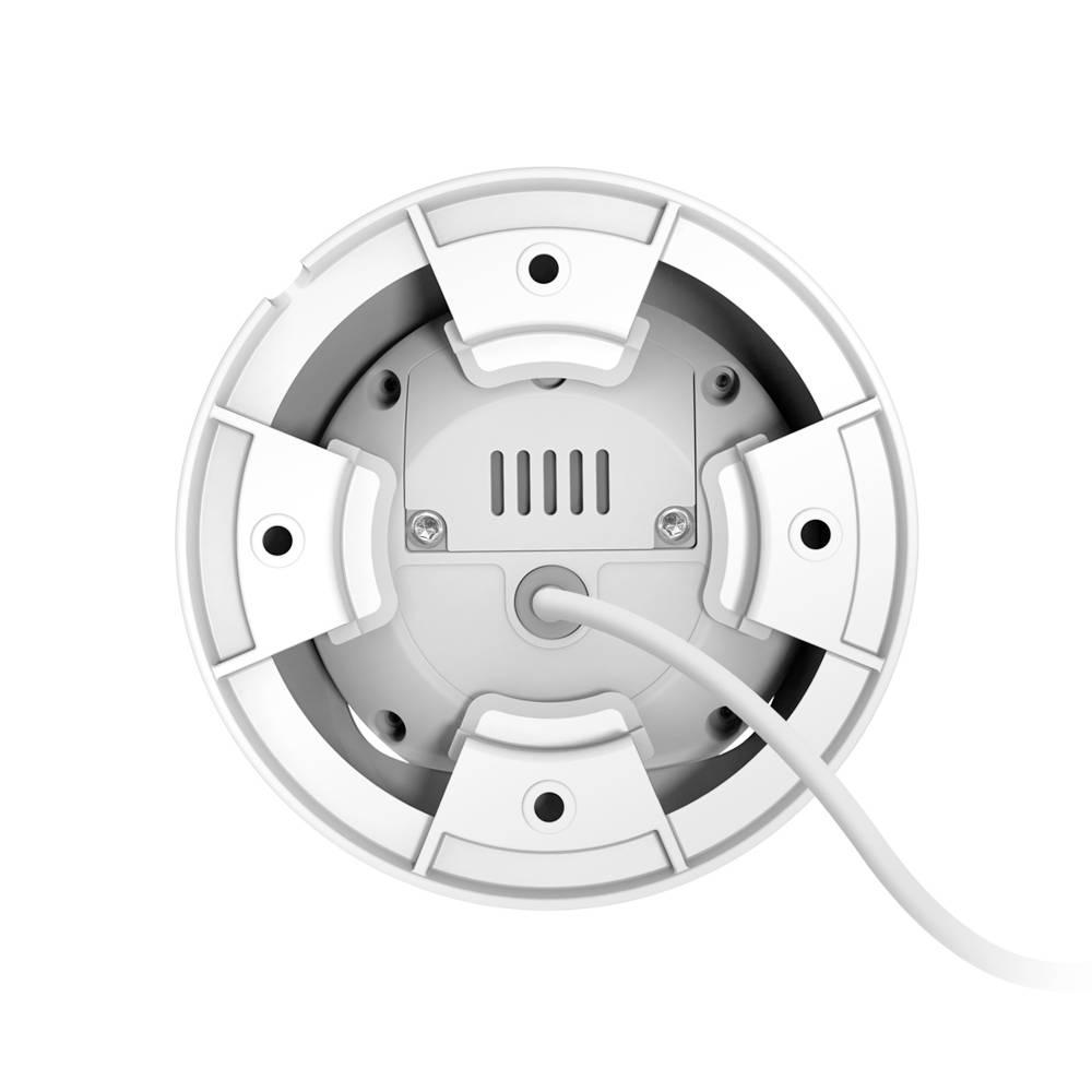 Ronde witte apparaathouder of sensorbasis met vier vergrendelingsklemmen en een kabel die rechtsonder uitkomt op een witte achtergrond.