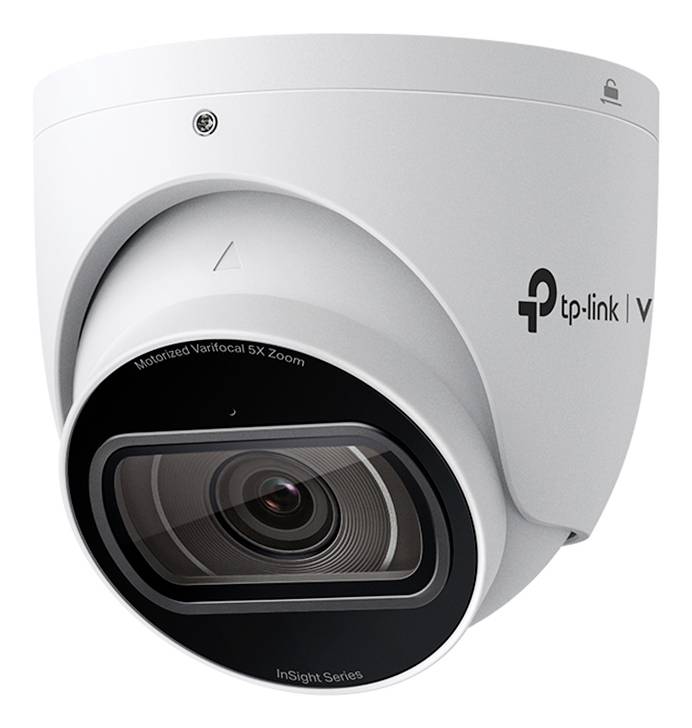 Witte TP-Link VIGI beveiligingscamera met een grote gemotoriseerde zoomlens, weergegeven in close-up op een witte achtergrond.