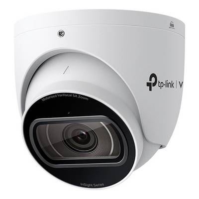 Witte TP-Link VIGI beveiligingscamera met een grote gemotoriseerde zoomlens, weergegeven in close-up op een witte achtergrond.