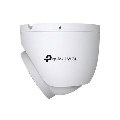 Witte TP-Link VIGI beveiligingscamera aan een muur gemonteerd, weergegeven in vooraanzicht met logo en lenskapje.