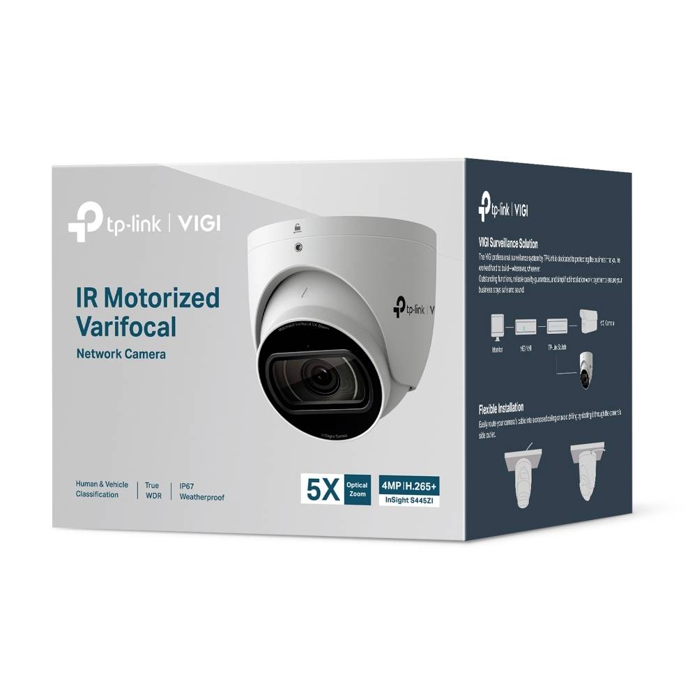 TP-Link VIGI IR Motorized Varifocal netwerkcamera doos met een witte buitenbeveiligingscamera, 5x optische zoom, 4MP H.265+ en weersbestendige functies.