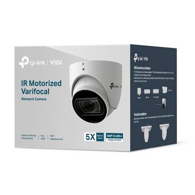 TP-Link VIGI IR Motorized Varifocal netwerkcamera doos met een witte buitenbeveiligingscamera, 5x optische zoom, 4MP H.265+ en weersbestendige functies.