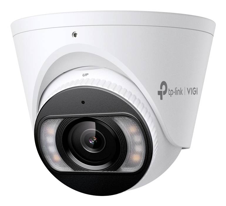 Witte TP-Link VIGI dome-beveiligingscamera met centraal objectief en infrarood-LED's, weergegeven in frontaanzicht op een effen achtergrond.