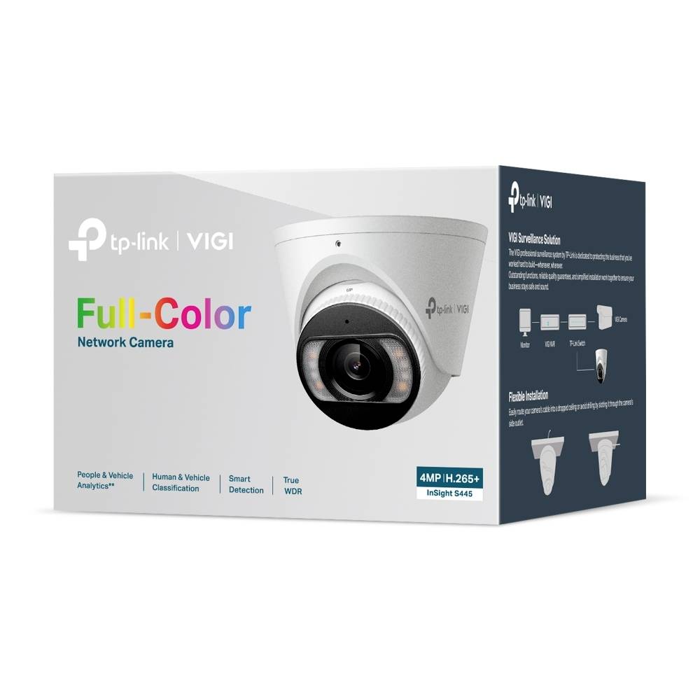 Dosverpakking voor een TP-Link VIGI full-color netwerk beveiligingscamera, met afbeelding van de koepelcamera en labels voor 4MP H.265+ en InSight S445.