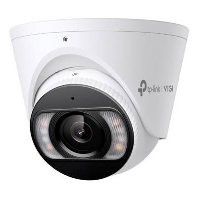 Witte TP-Link VIGI dome beveiligingscamera met een centraal lens en infrarode verlichting aan de voorkant.