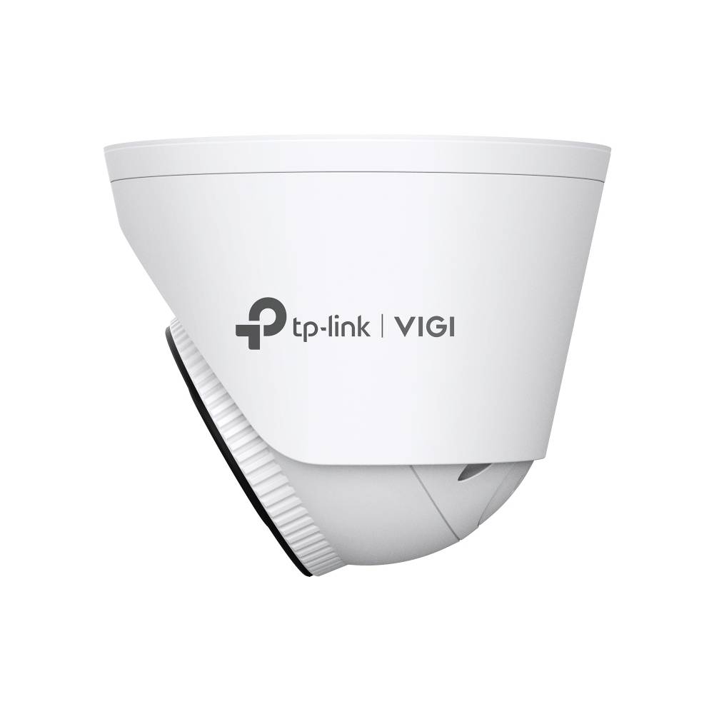 Witte TP-Link VIGI koepelbeveiligingscamera getoond op een effen achtergrond, met het merklogo aan de zijkant.