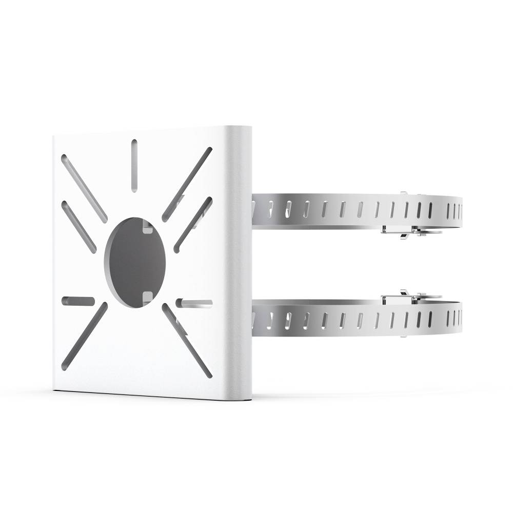 Een witte wandmontagebeugel met twee horizontale verstelbare metalen armen die naar rechts uitsteken.