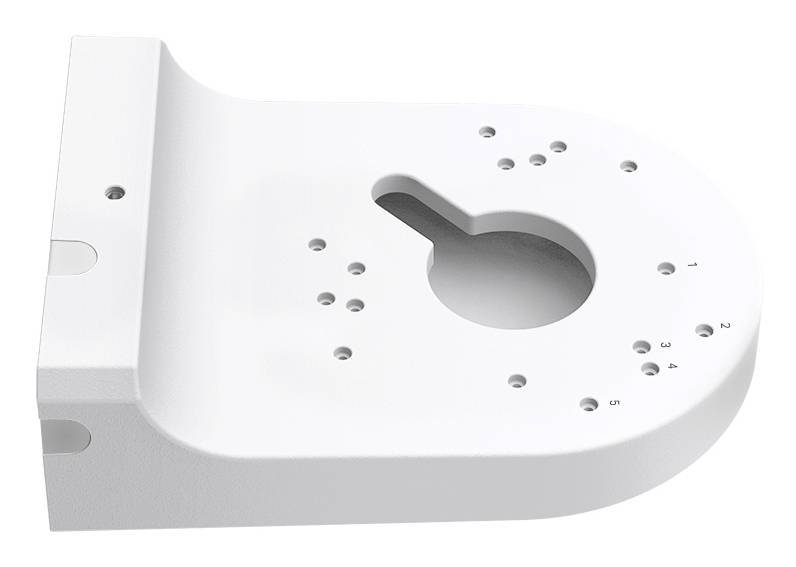 Witte 3D CAD-stijl mechanische plaat met een grote sleutelgat-vormige uitsnijding en meerdere kleine montageringaten eromheen.