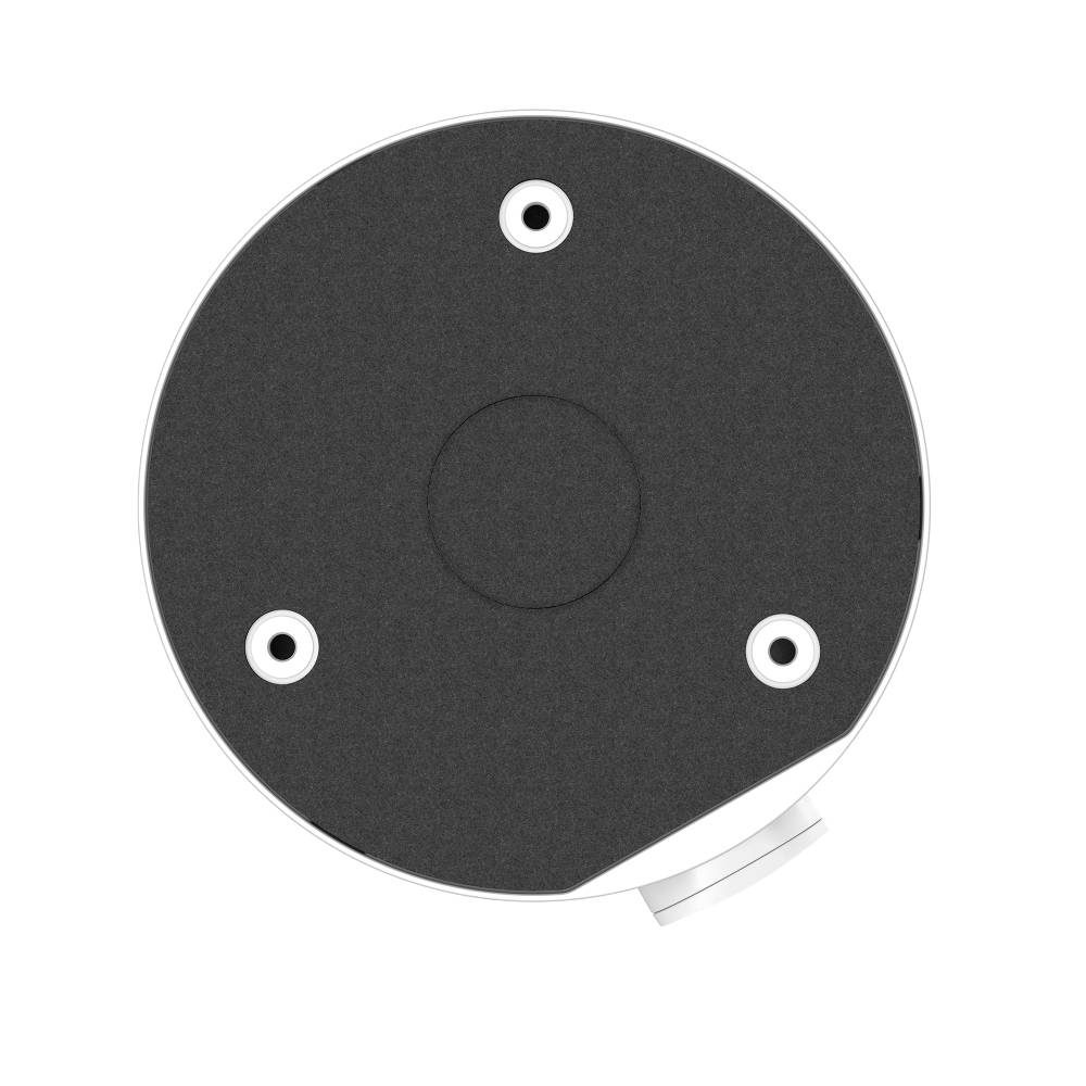 Zwart rond apparaat met drie bevestigingsgaten en een uitstekende zijconnector op een witte achtergrond.