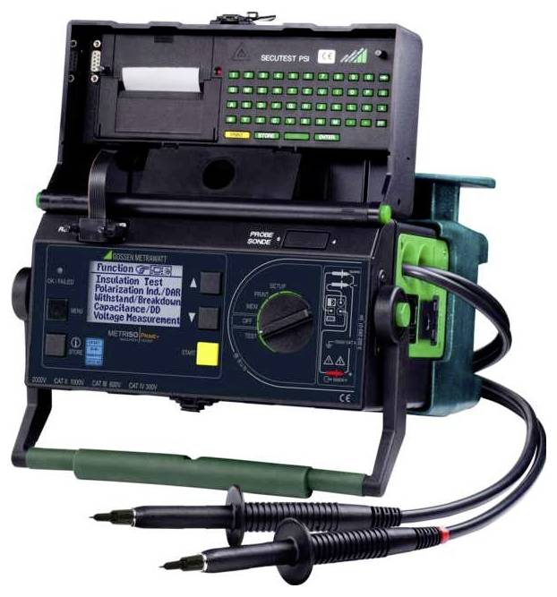 Draagbaar elektrisch testinstrument met ingebouwde toetsenblok, scherm, meetdraden en testpunten voor isolatie- en spanningsmetingen.