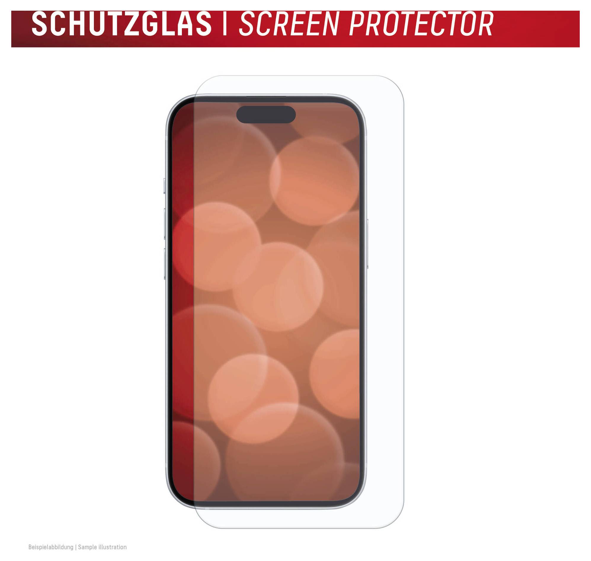 Smartphoneschermprotector weergegeven over een telefoon, met de tekst 'SCHUTZGLAS | SCREEN PROTECTOR' bovenaan.