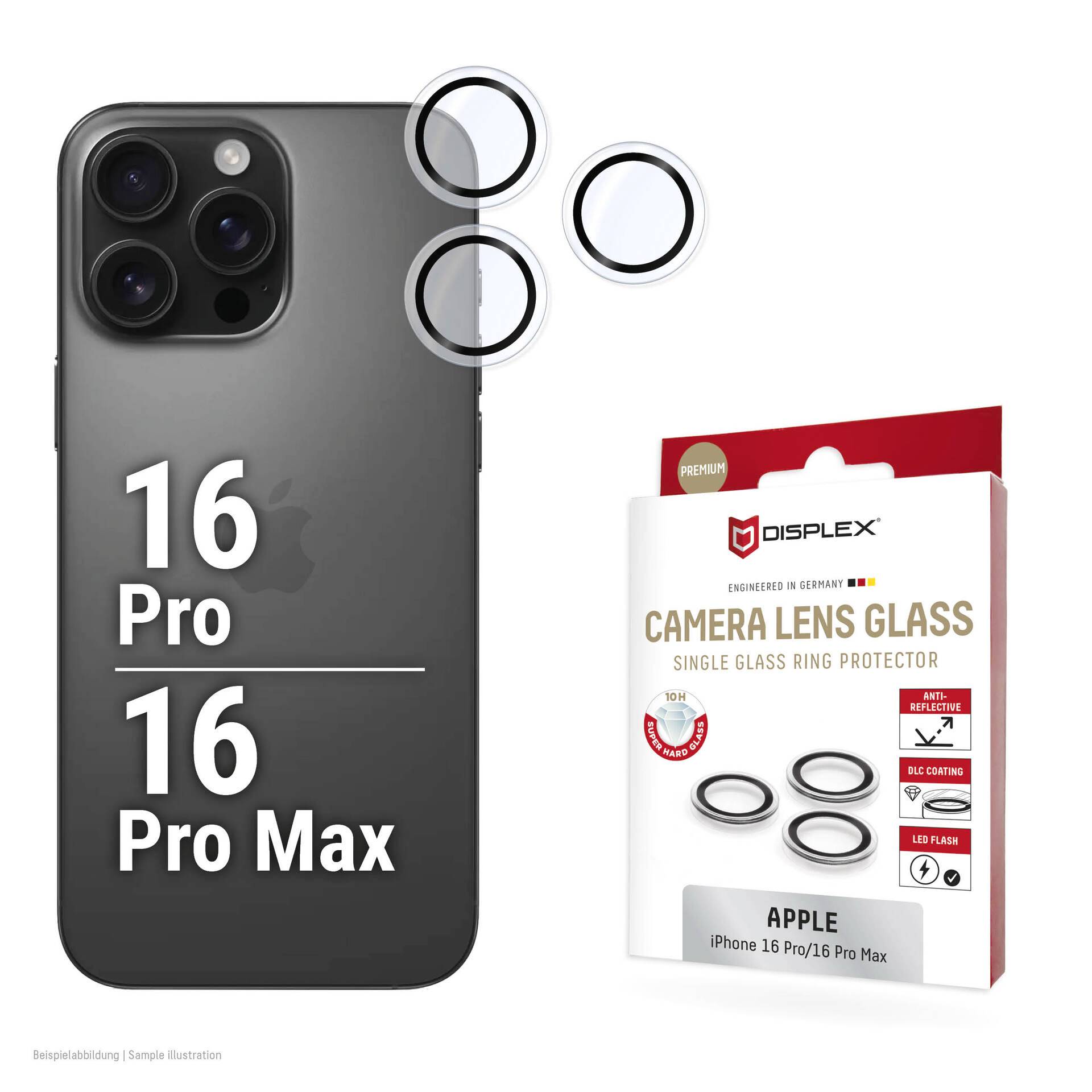 iPhone 16 Pro en 16 Pro Max cameralensglasringbeschermers, afgebeeld met drie lensringen en producterverpakking van Displex.