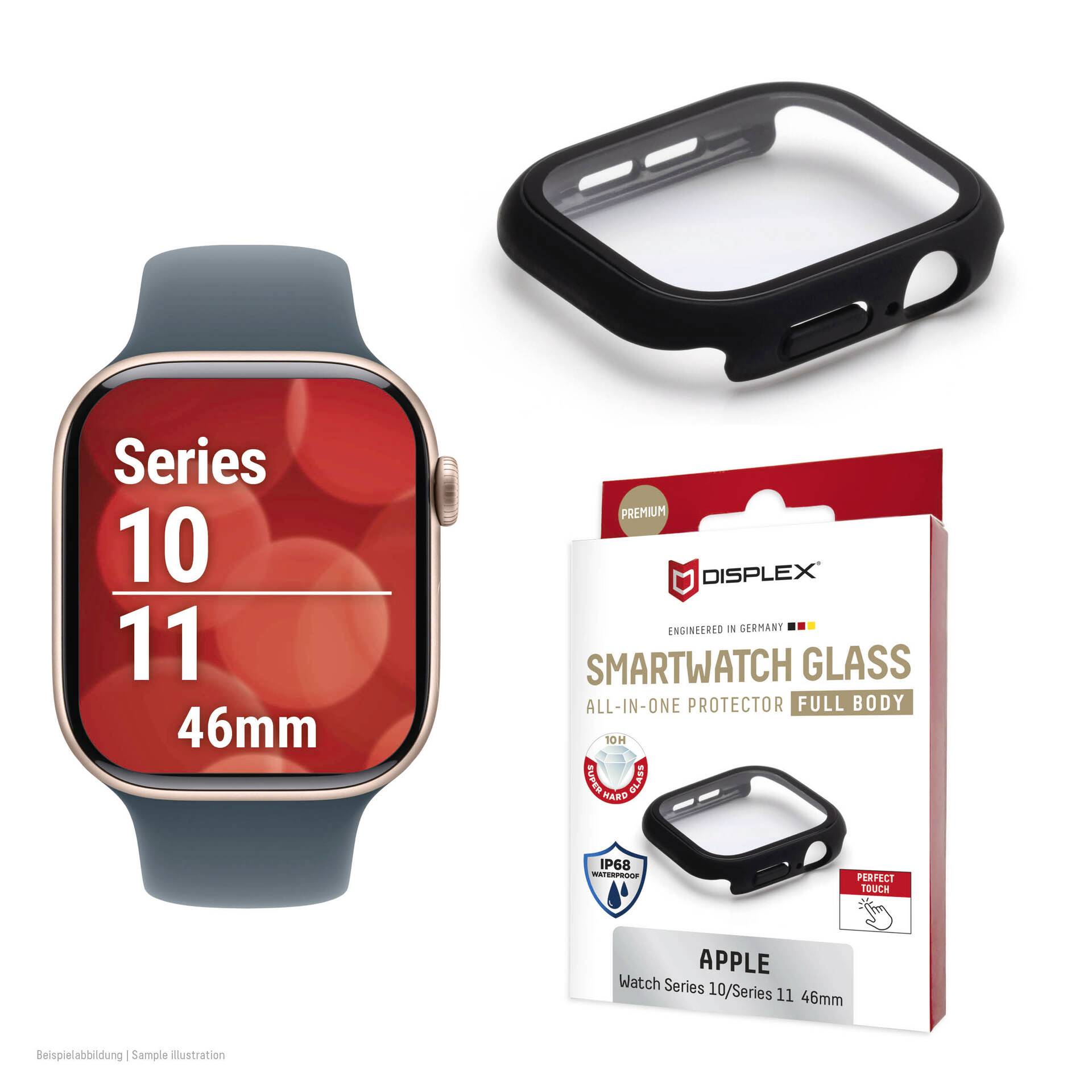 Apple Watch Series 10/11 46 mm weergegeven met een zwarte volledig smartwatch glasbeschermer en de DISPLEX-verpakking.
