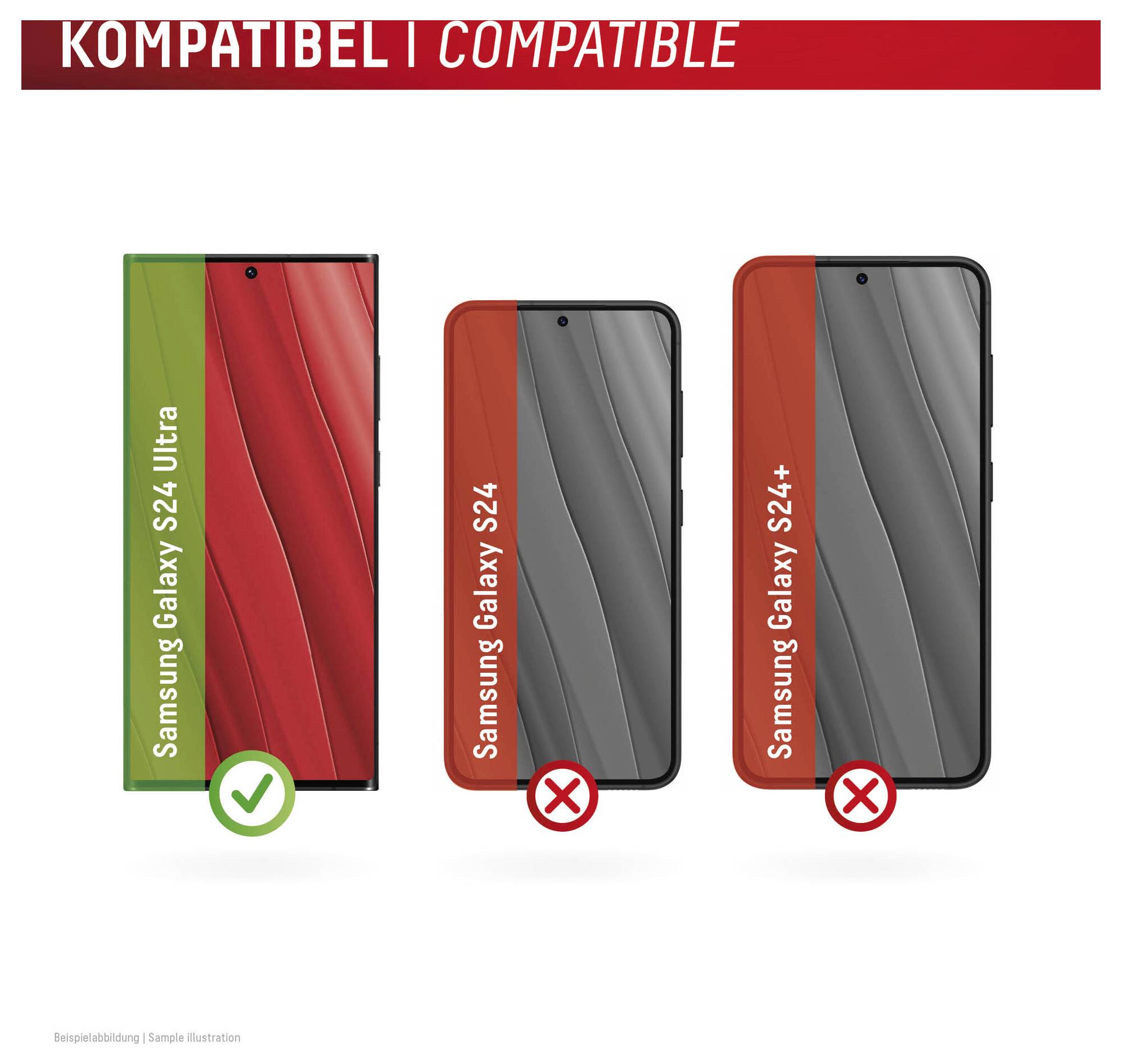Compatibiliteitshandleiding die aantoont dat Samsung Galaxy S24 Ultra compatibel is, terwijl Samsung Galaxy S24 en S24+ niet compatibel zijn.