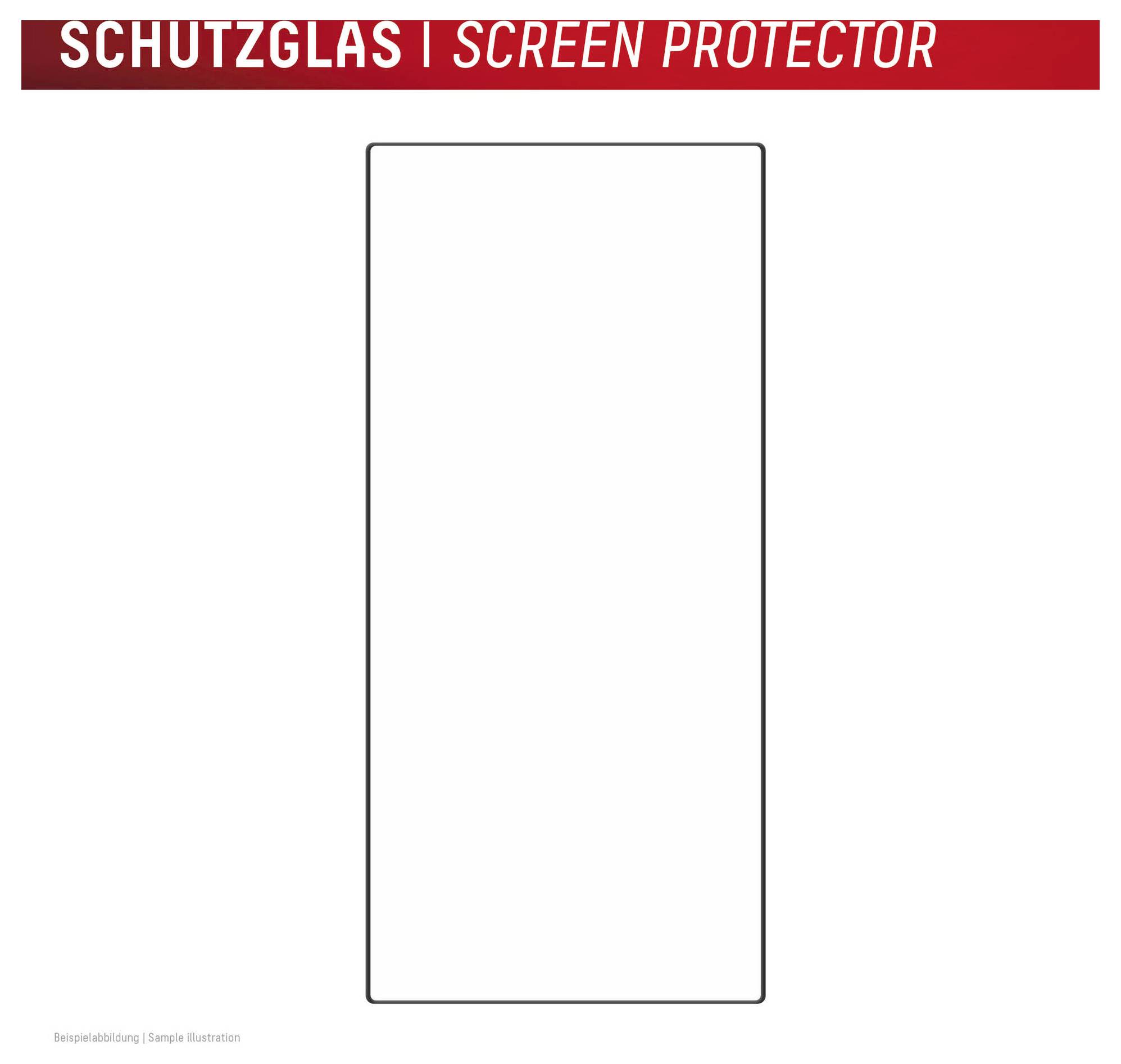 Blanco schermprotector illustratie gelabeld 'SCHUTZGLAS | SCREEN PROTECTOR' boven een gecentreerde rechthoekige telefoonschemcontour.