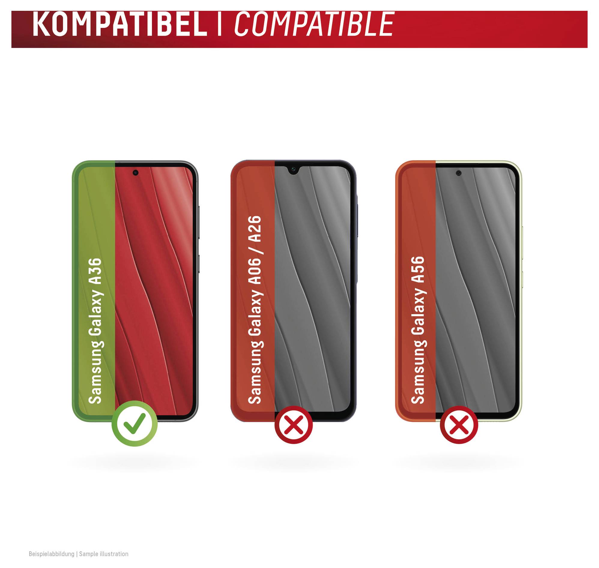 Compatibiliteitsafbeelding die aantoont dat een telefoongeval past op Samsung Galaxy A36, maar niet op Galaxy A06/A26 of Galaxy A56.