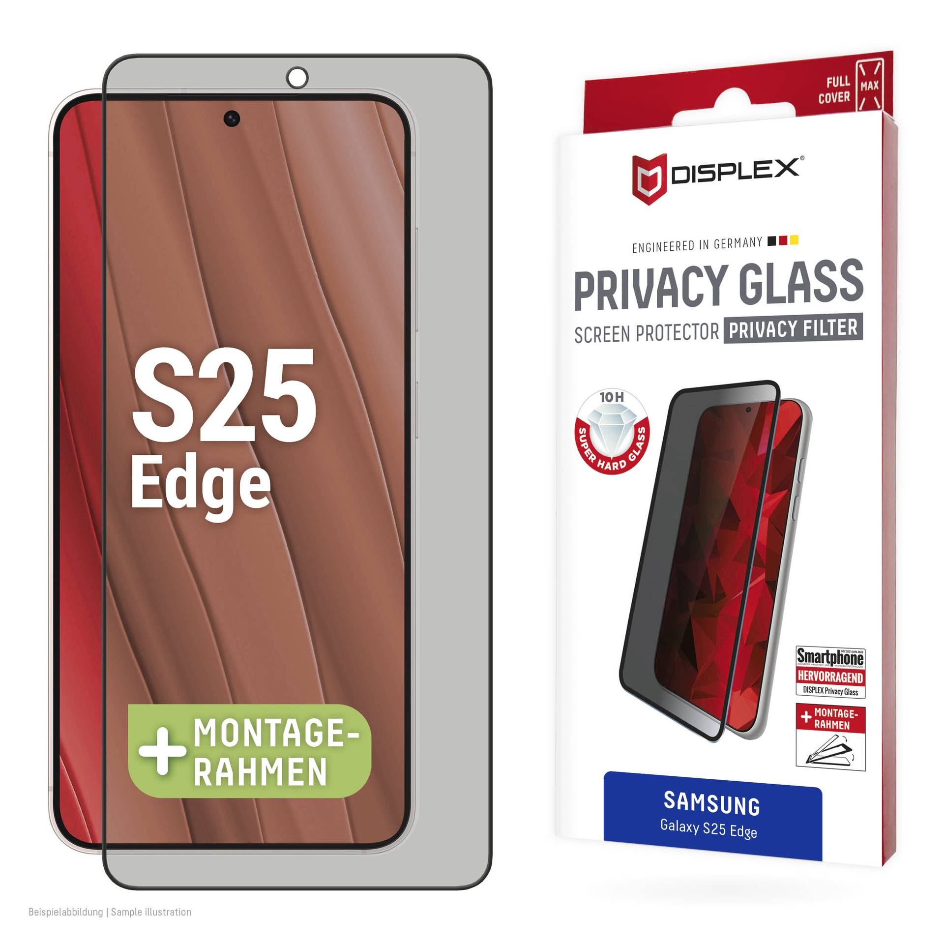Samsung Galaxy S25 Edge privacyglasscreenprotector verpakking met een gemonteerde telefoonillustratie en installatieframe, gemerkt DISPLEX.