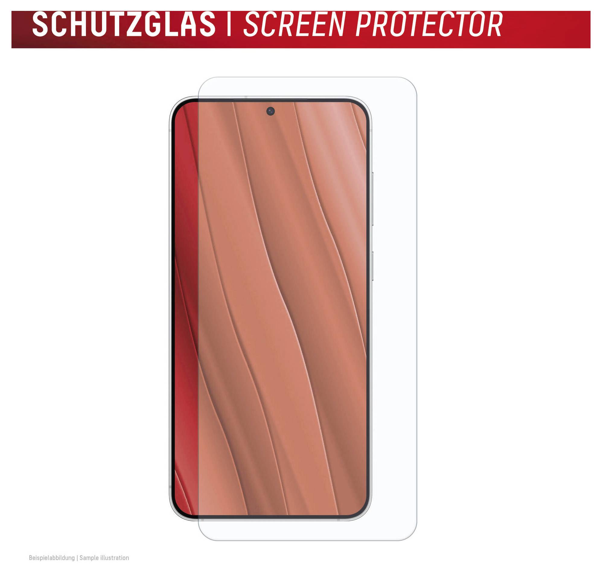 Smartphoneschermbeugel weergegeven over een telefoondisplay, met de tekst 'SCHUTZGLAS | SCREEN PROTECTOR' aan de bovenkant.