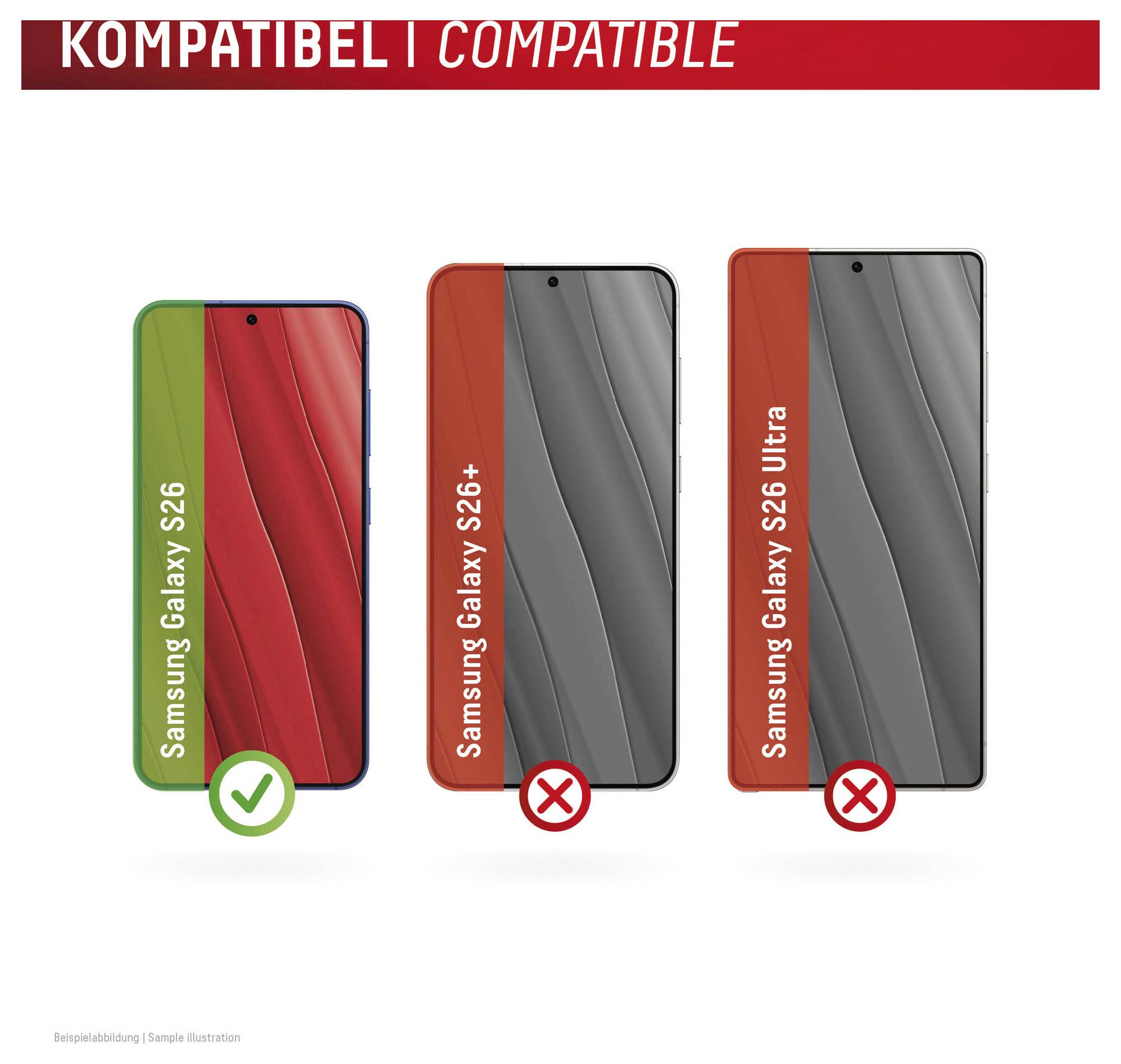 Compatibiliteitsgraaf die aantoont dat Samsung Galaxy S26 compatibel is, terwijl Galaxy S26+ en Galaxy S26 Ultra niet compatibel zijn.