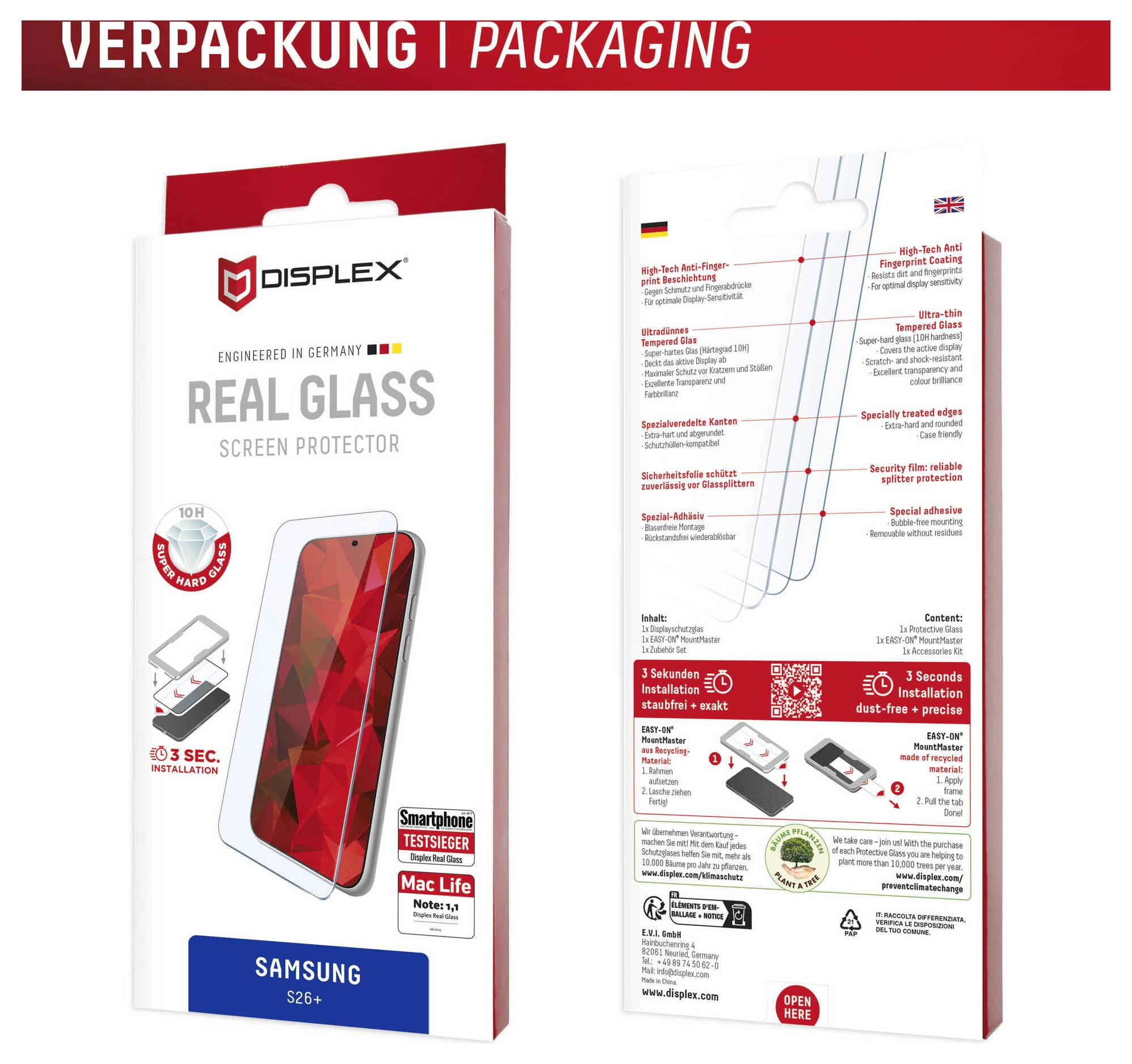 Verpakkingsmockup voor Displex 'Real Glass' schermbeschermer voor Samsung S26+, met voorkant en achterkant van de doos met productkenmerken en installatiesstappen.