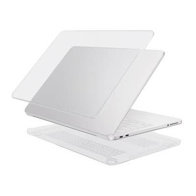 Explodeerde weergave van een slanke witte laptop met doorschijnende beschermingslagen gescheiden boven en onder het apparaat.