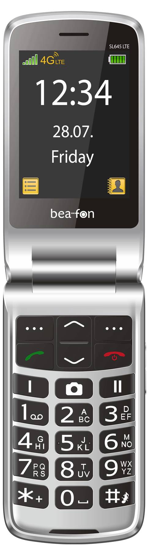 Open zilveren flip phone met vergrendelingsscherm met tijd 12:34, datum 28.07. Vrijdag, signaal- en batterijpictogrammen, en toetsenblok eronder.