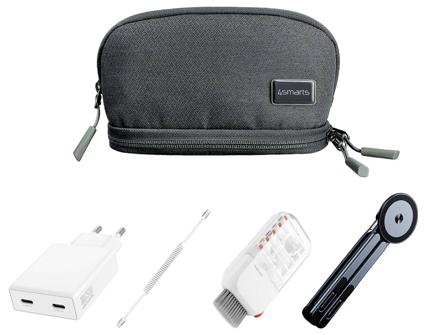 Grijze 4smarts ritssluiting tas met lader, schoonmaakborstel, SIM-kaart gereedschap en opvouwbare telefoonstandaard/accessoireset hieronder weergegeven.