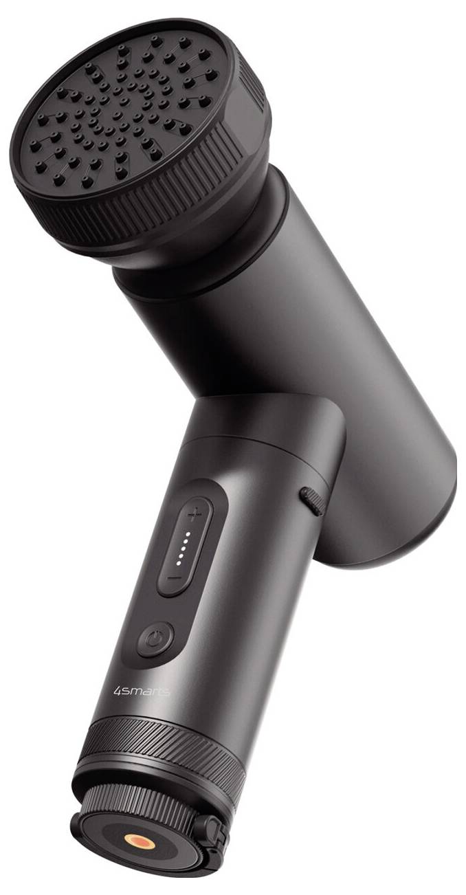 Zwarte handheld massagepistool met rond gestructureerd kopstuk en schuine handgreep, weergegeven tegen een witte achtergrond.