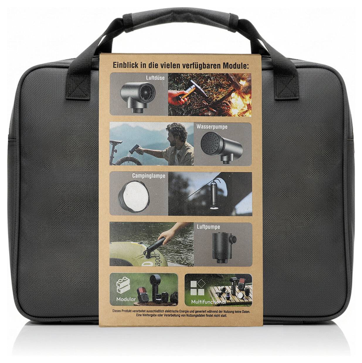 Zwarte draagkoffer met een Duitse brochure met modulaire campingaccessoires: luchtmondstuk, waterpomp, campinglamp, luchtpomp en multifunctionele modules.