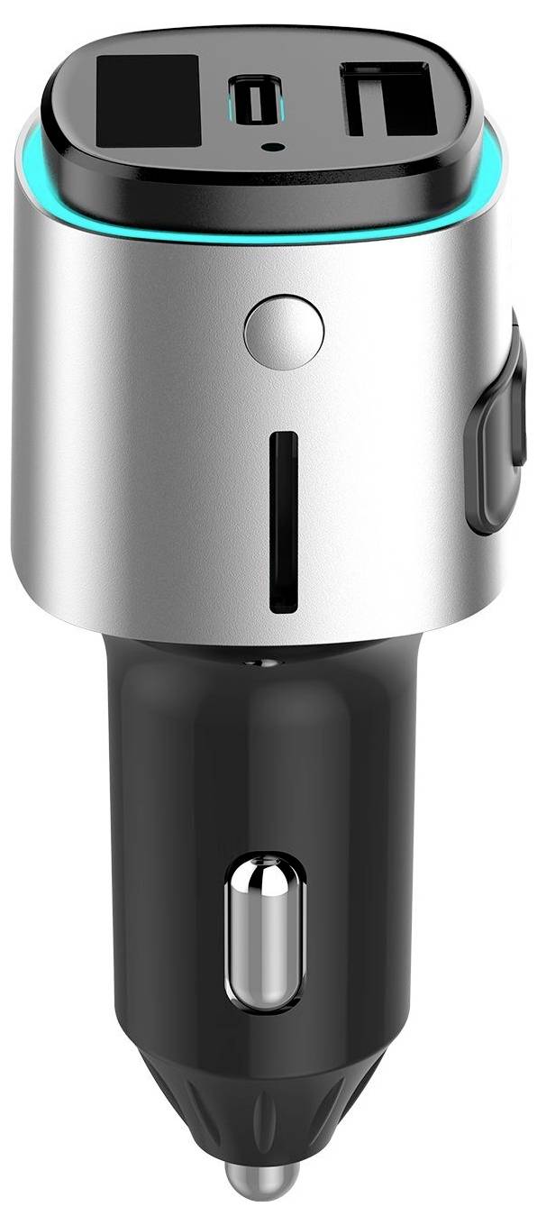 Autoadapter voor smartphone met dubbele USB-poorten en verlichte blauwe ring voor aansluiting op een voertuig stopcontact.