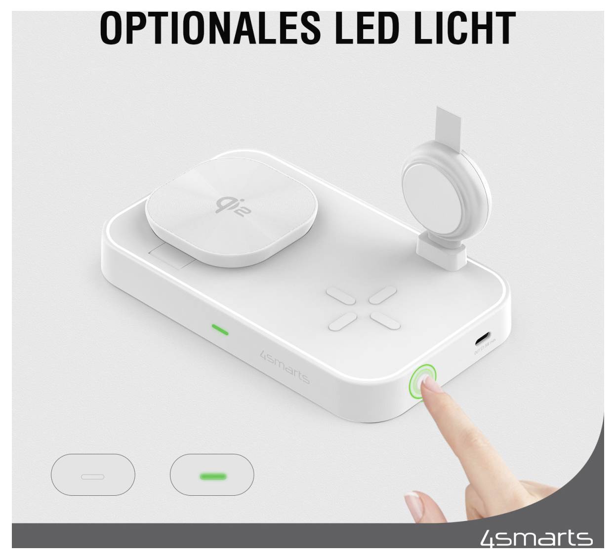 Draadloze oplaadpad met optioneel LED-licht en magnetische telefoonstandaard, waarop een vinger de aan/uit-knop indrukt om het licht in te schakelen.