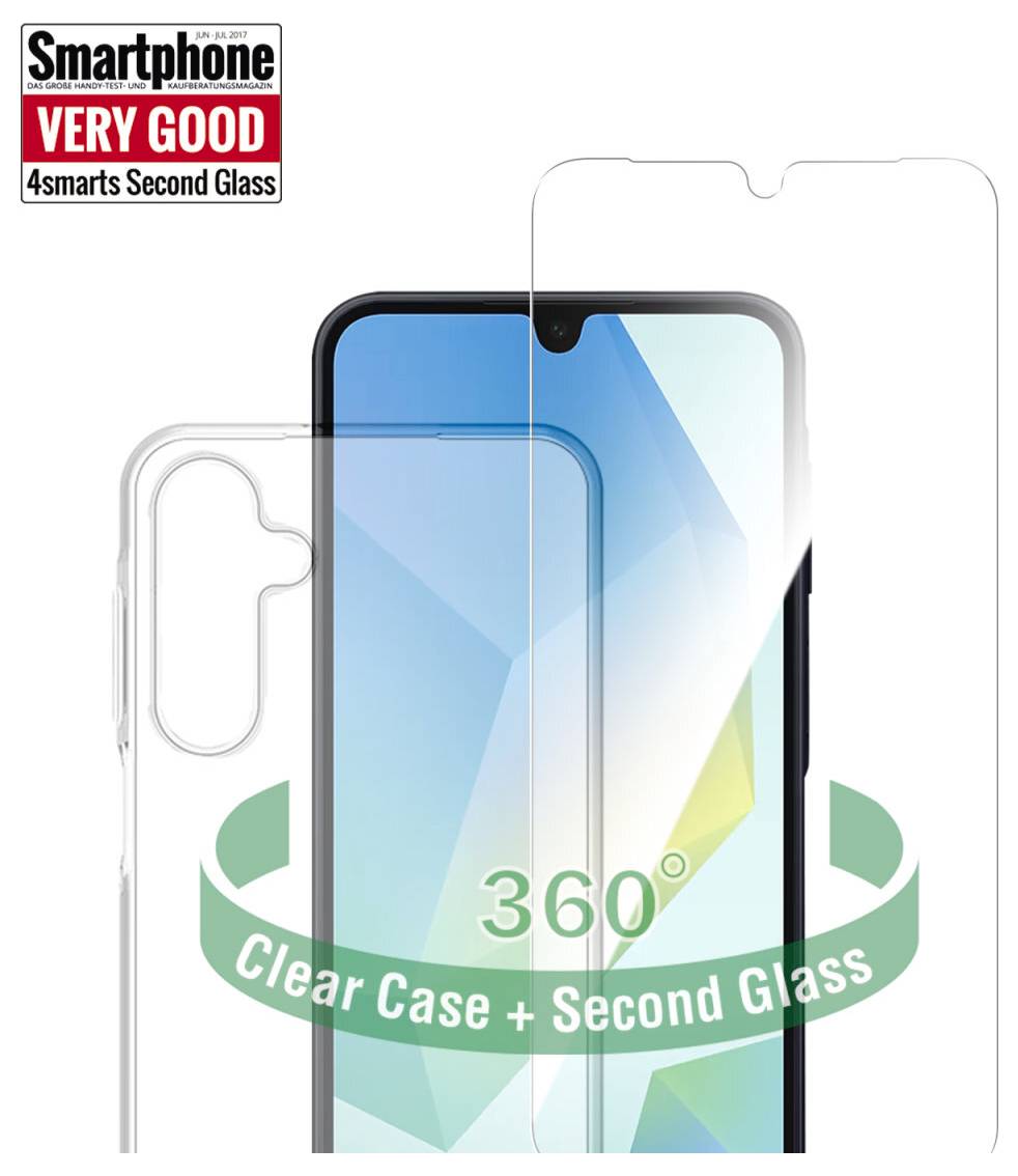 Productafbeelding van een doorzichtige smartphonehoesje en tweede glazen schermprotector, met voorkant- en achterkantbescherming met een 360° 'Doorzichtieve hoesje + Tweede glas'-label.
