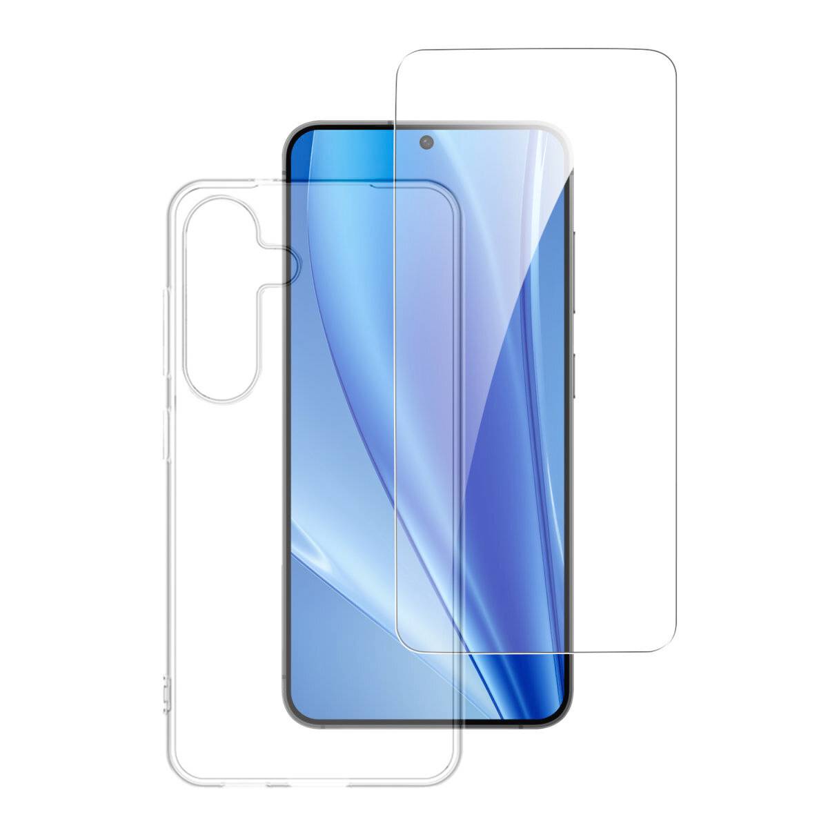 Smartphoneschermbeveiliging en transparante beschermhoes weergegeven over een blauwe telefoon, ter illustratie van telefooonbeschermingsaccessoires.