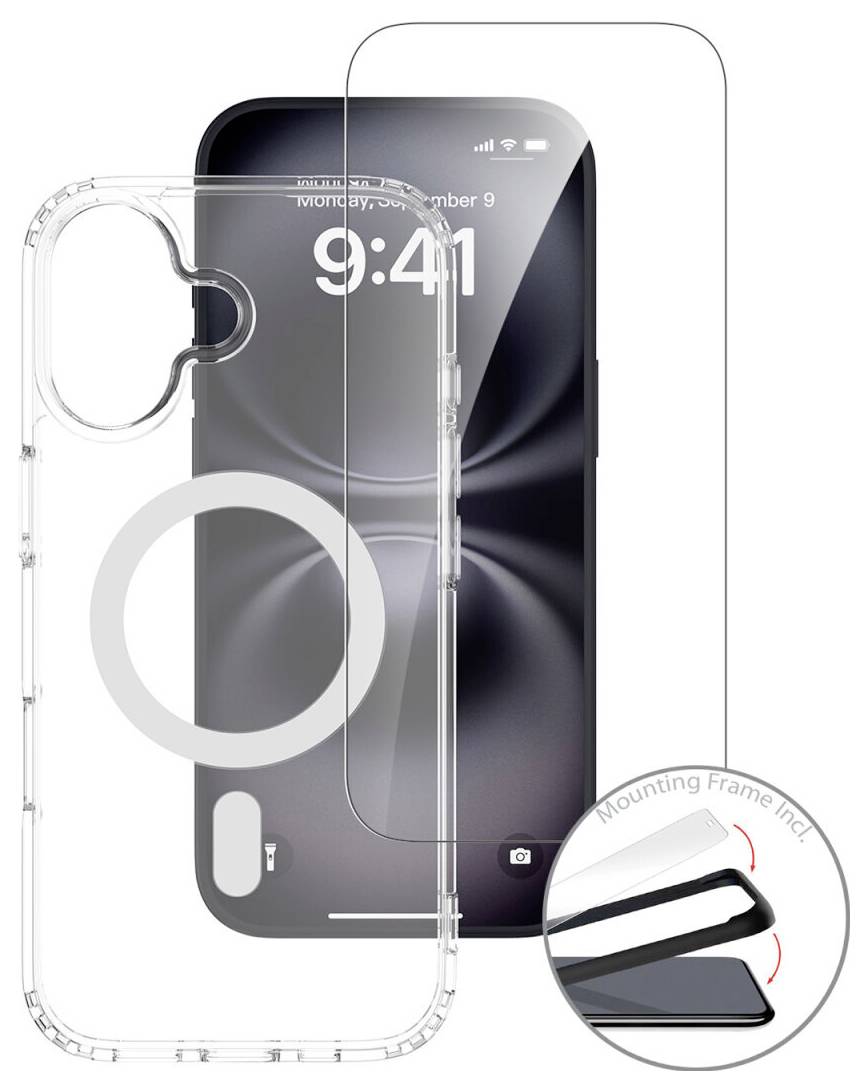 Doorzichtig smartphonehoesje met MagSafe-ring en beschermende cameravaklezing weergegeven over een iPhone, plus een close-up inzet van het hoekbeschermingsontwerp.