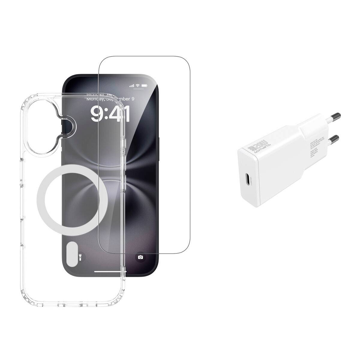 Transparante iPhone-hoesje en schermbeschermer weergegeven naast een witte USB-C-wandlader op een witte achtergrond.