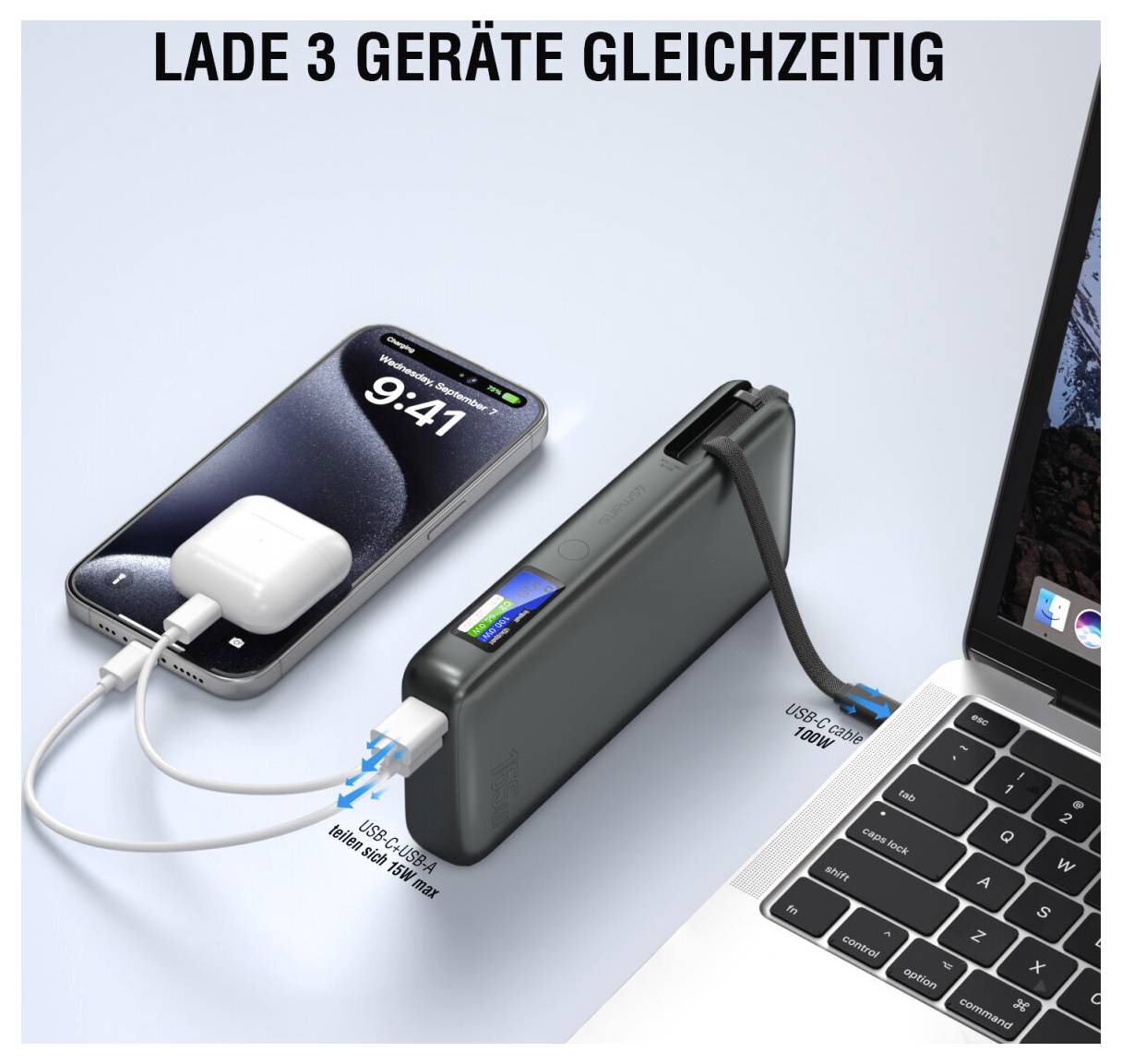 Powerbank laadt telefoon en laptop tegelijk, met Duitse tekst 'Lade 3 Geräte gleichzeitig' die aangeeft dat het tegelijkertijd 3 apparaten kan opladen.