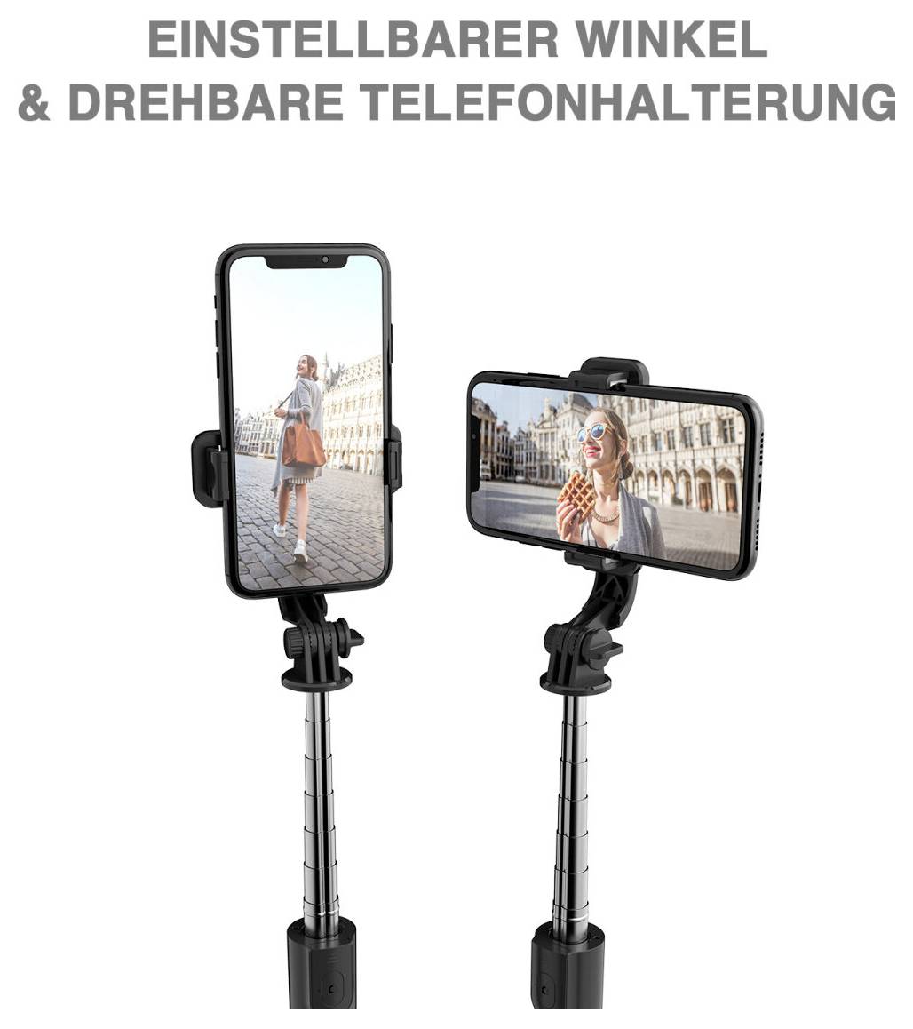 Telefoonhouder met verstelbare hoek en 360-graden rotatie, weergegeven rechtopstaand en liggend op een selfiestick.