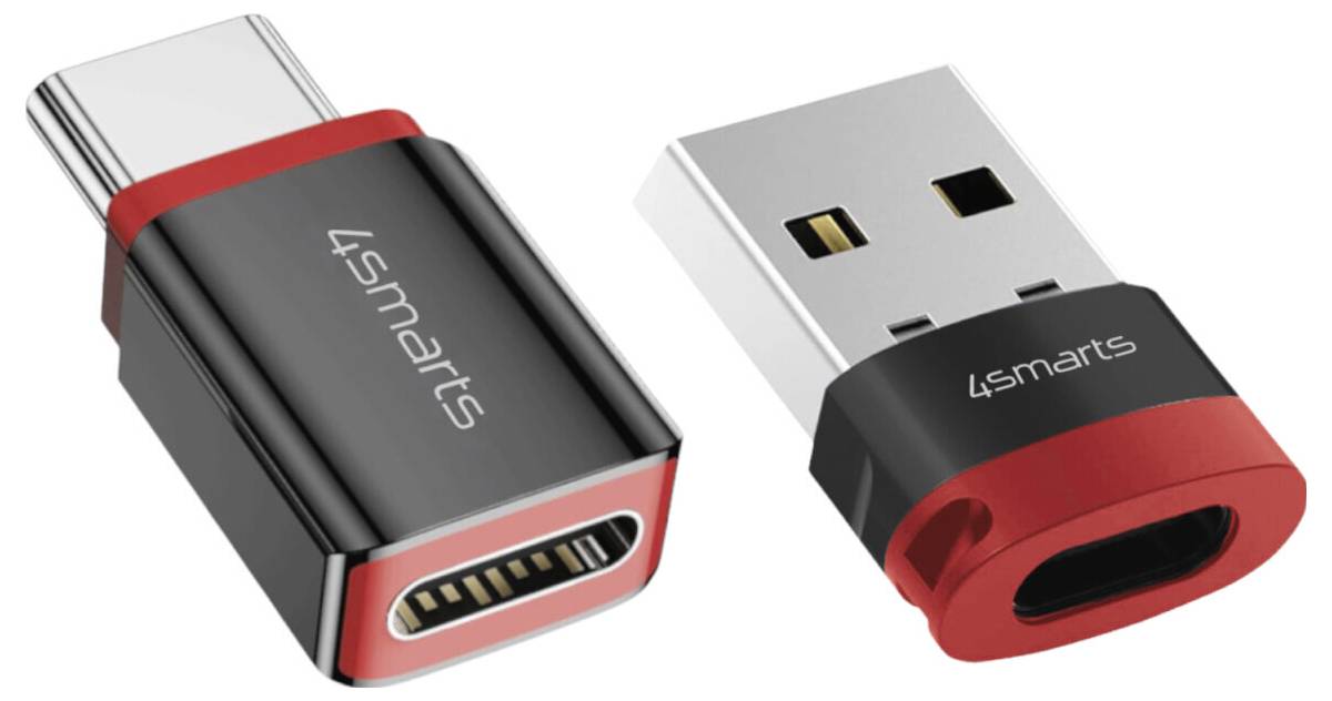 Twee weergaven van een USB-C-adapter met zwarte en rode behuizing, met USB-C- en USB-A-aansluitingen, met het merk '4smarts'.