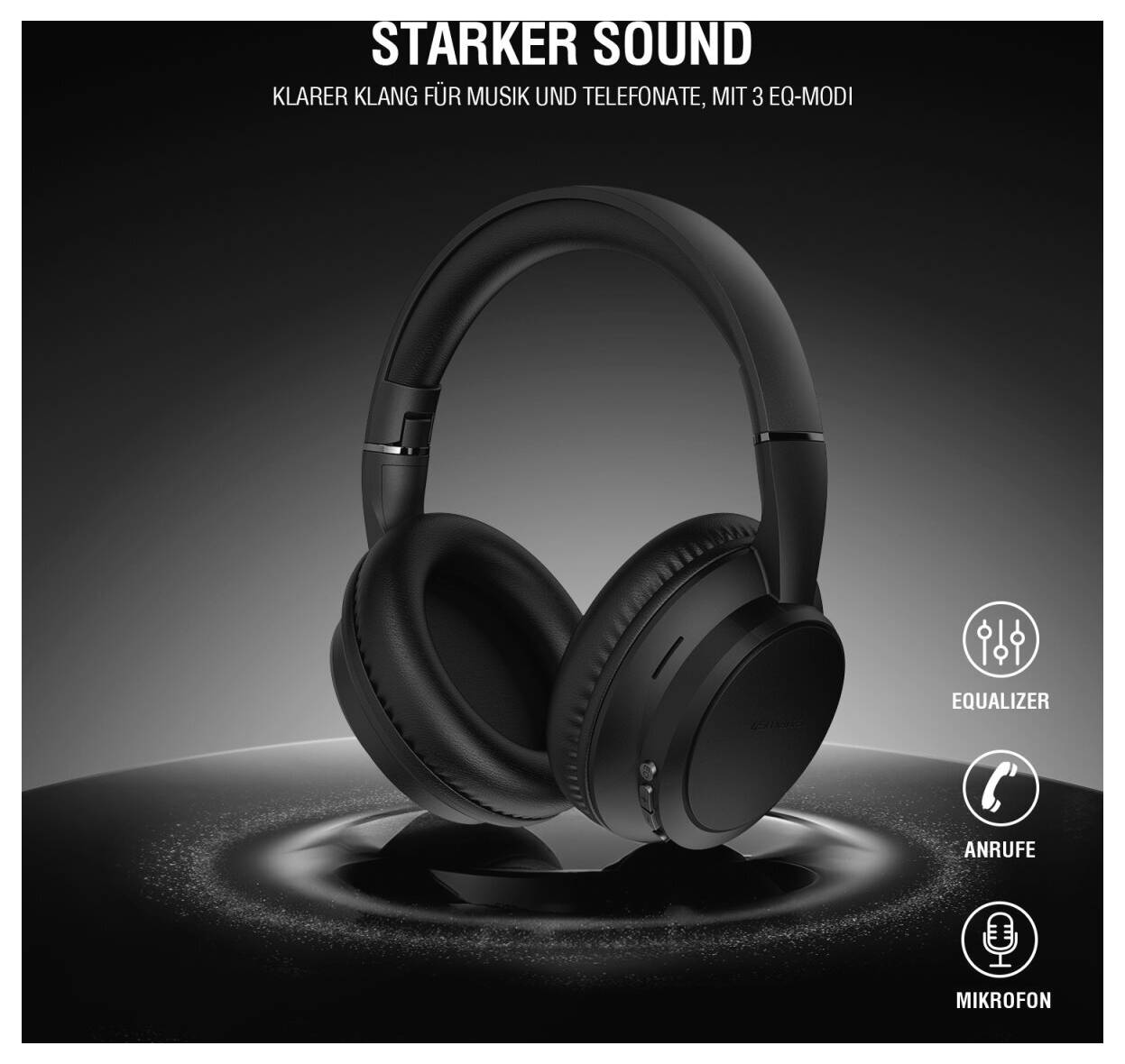 Zwarte over-ear koptelefoons met 'Starker Sound'-tekst; markeert 3 EQ-modus, equalizer, oproepen en microfoon pictogrammen.