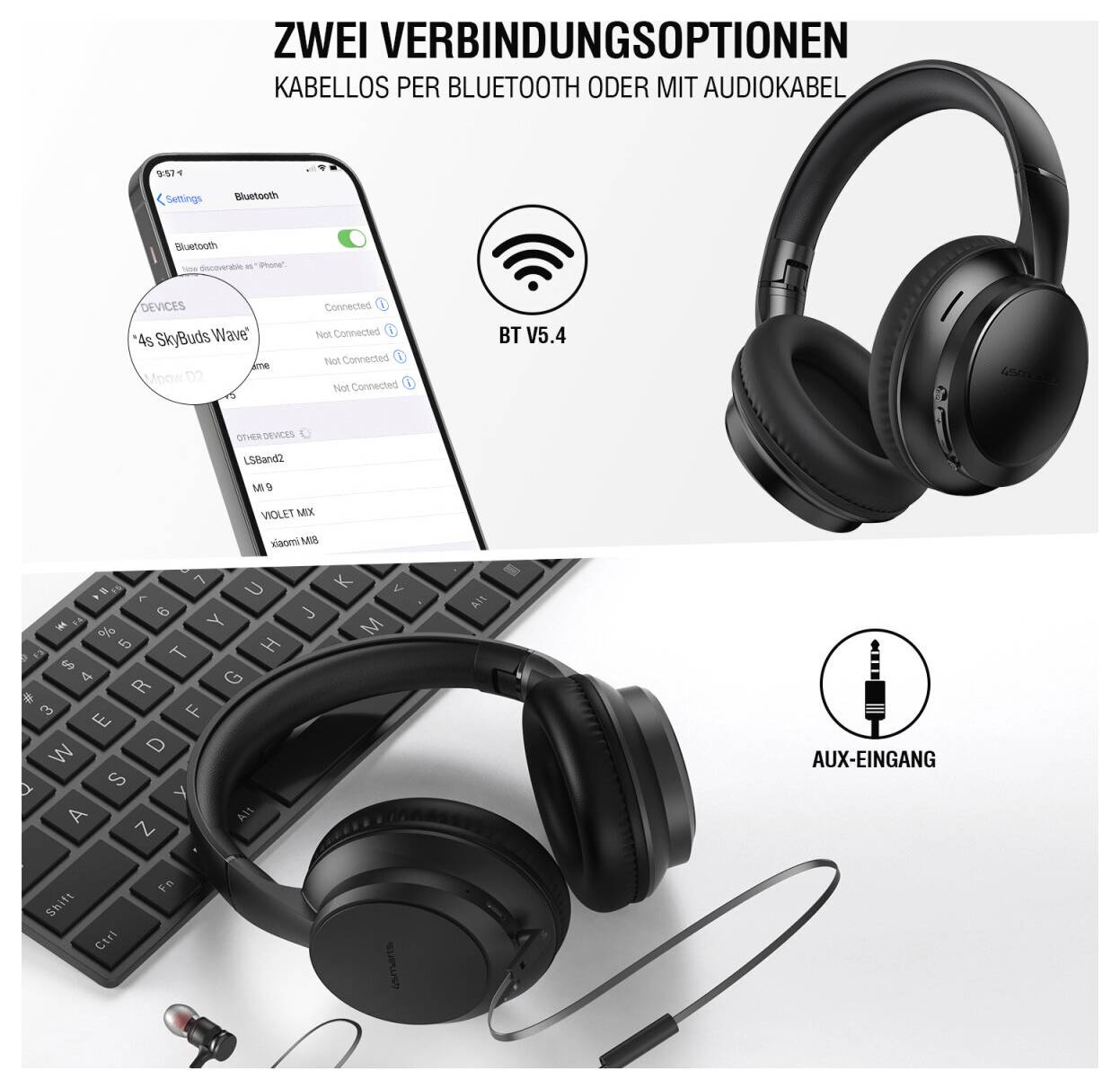 Draadloze over-ear koptelefoons met twee verbindingsopties: Bluetooth 5.4 of bedrade AUX-ingang, afgebeeld met telefoon, laptop en kabel.