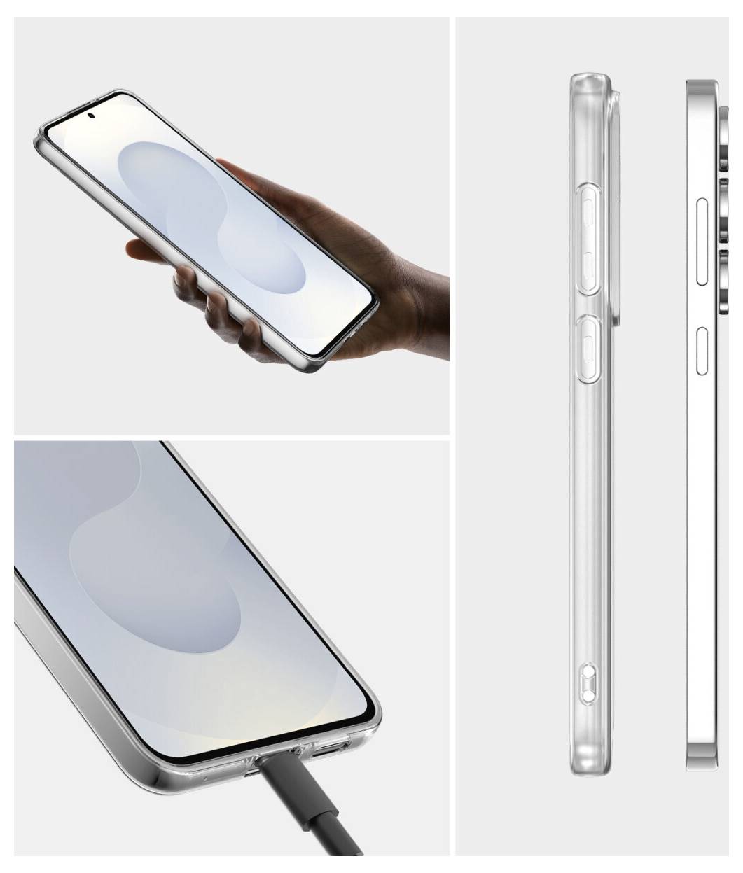 Drie weergaven van een smartphone in een doorzichtige beschermhoes, inclusief een hand die deze vasthoudt en een oplaadkabel die in de onderkant is aangesloten.