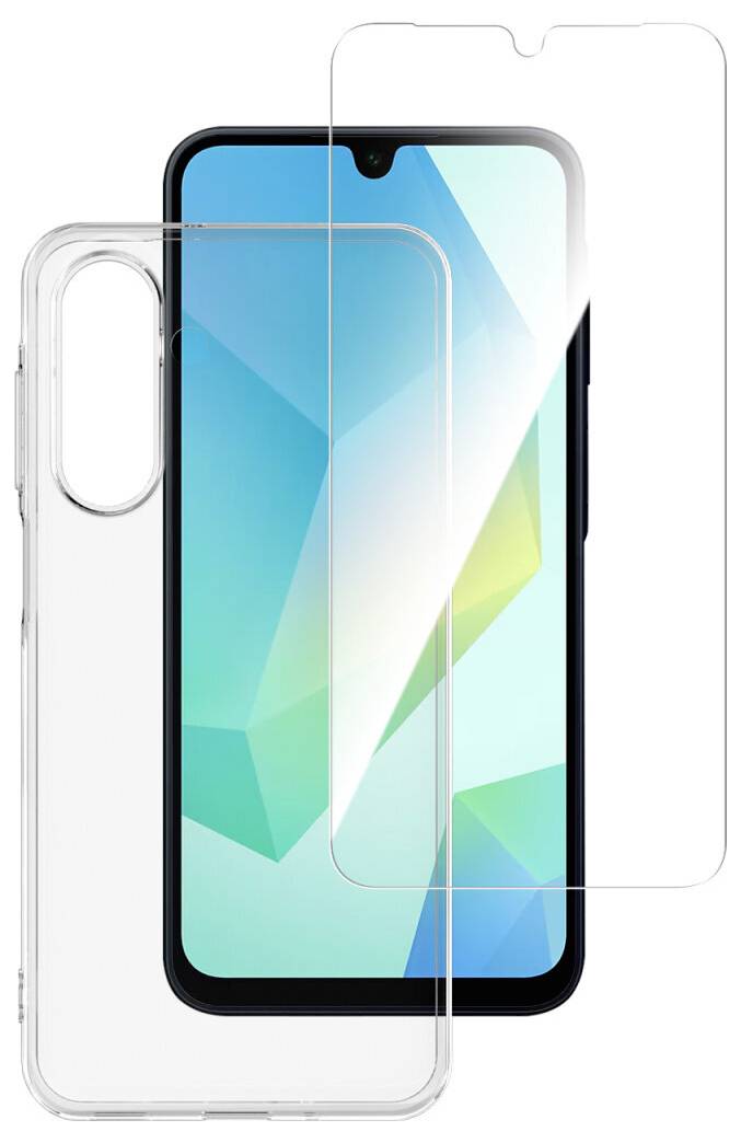 Smartphone met transparante beschermhoes en helder schermprotector ernaast getoond op een witte achtergrond.