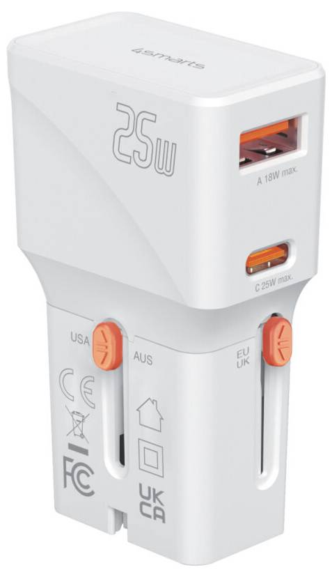 Witte 25W universele USB-wandlader met twee poorten, USB-A en USB-C, en verwisselbare Amerikaanse, Australische en EU/UK-stekkeradapters.