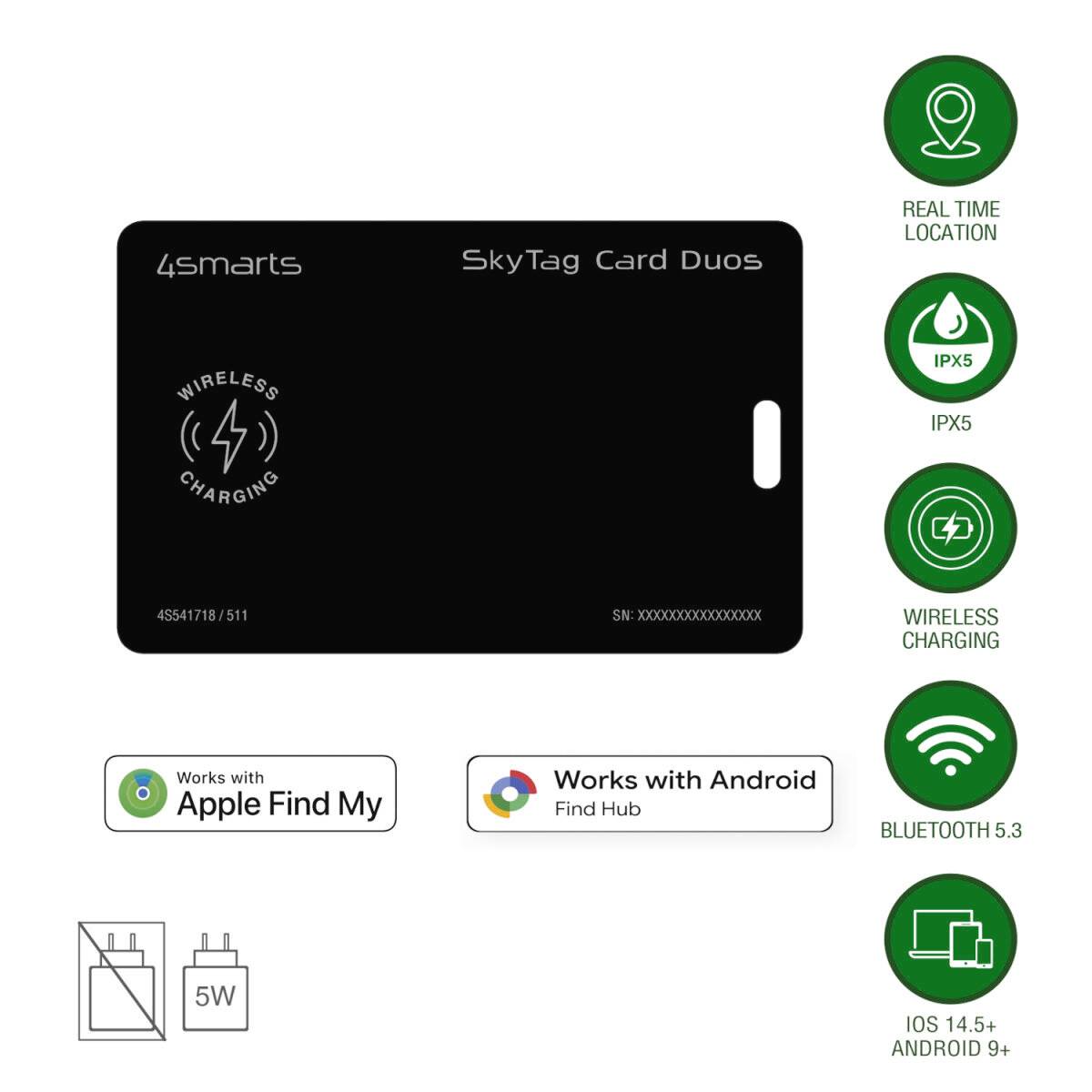 Zwarte 4smarts SkyTag Card Duos tracker kaart met draadloos laden, realtime locatie, IPX5, Bluetooth 5.3 en Apple Find My/Android Find Hub compatibiliteit.