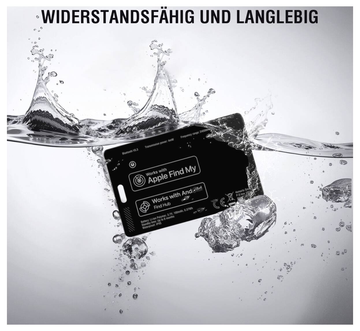 Waterproof device tag drijvend in water met Nederlandse kop 'WEERSTAND EN DUURZAAMHEID' en Apple Find My compatibiliteitstekst.